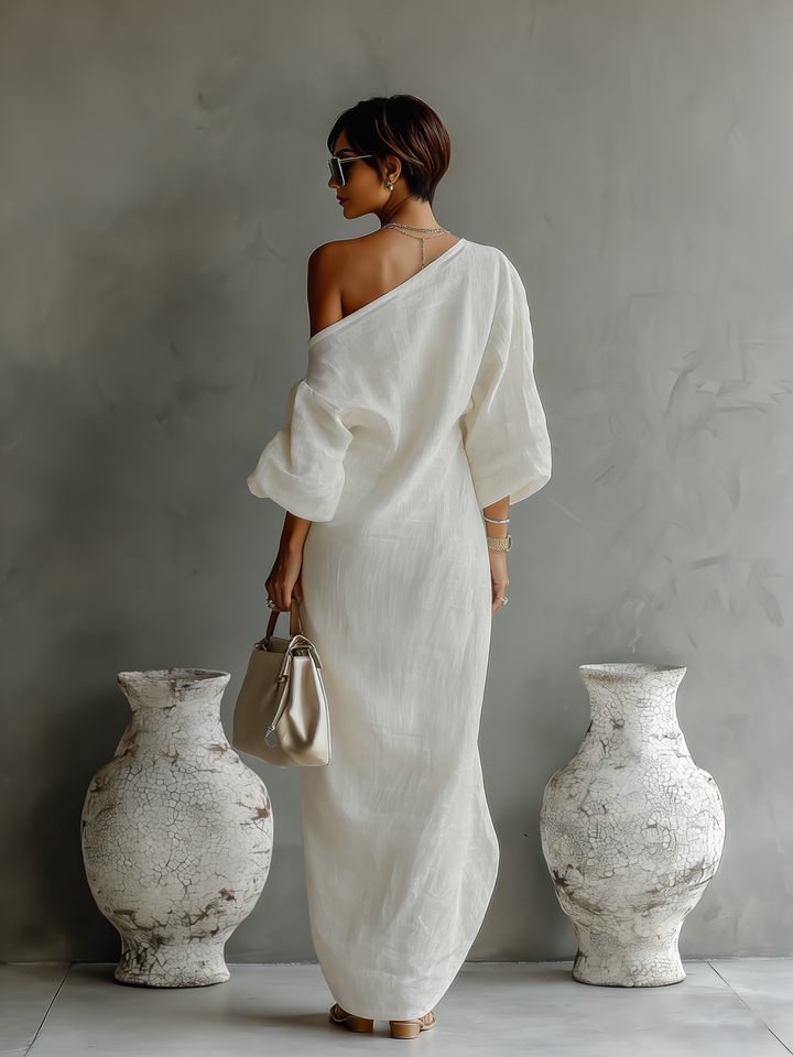 Rochie din in ivory cu umerii la vedere