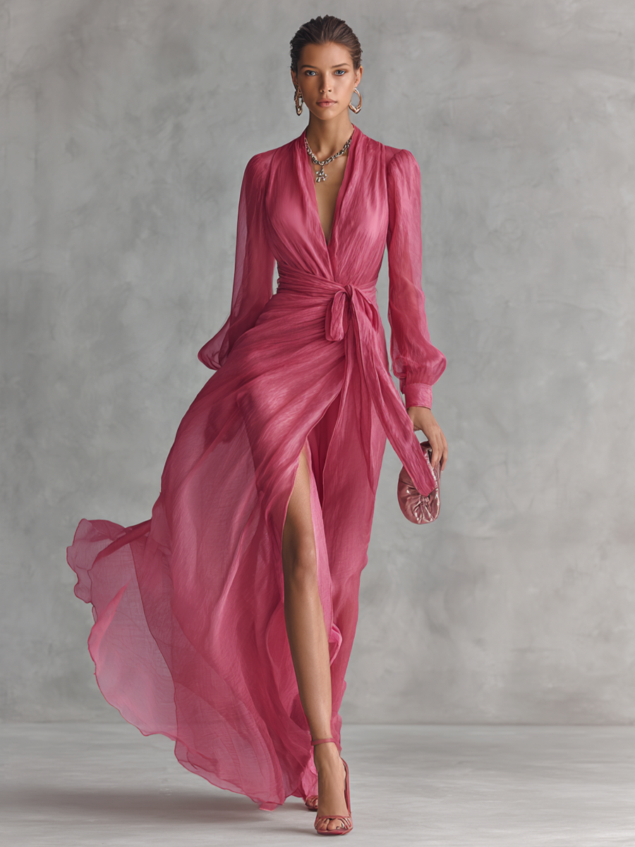 Rochie Chiffon Roz cu Decolteu în V