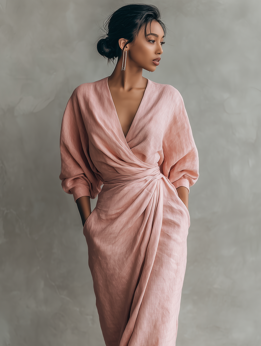 Rochie Maxi din In Roz cu Decolteu în V