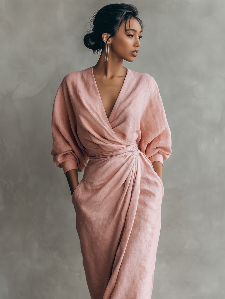 Rochie Maxi din In Roz cu Decolteu în V