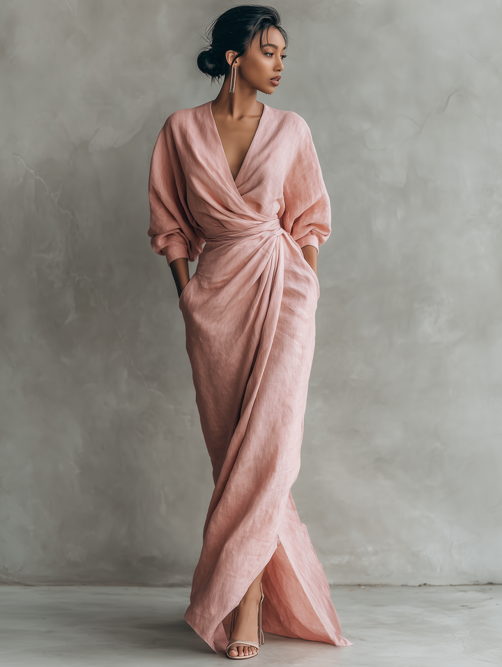 Rochie Maxi din In Roz cu Decolteu în V