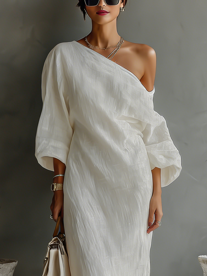 Rochie din in ivory cu umerii la vedere