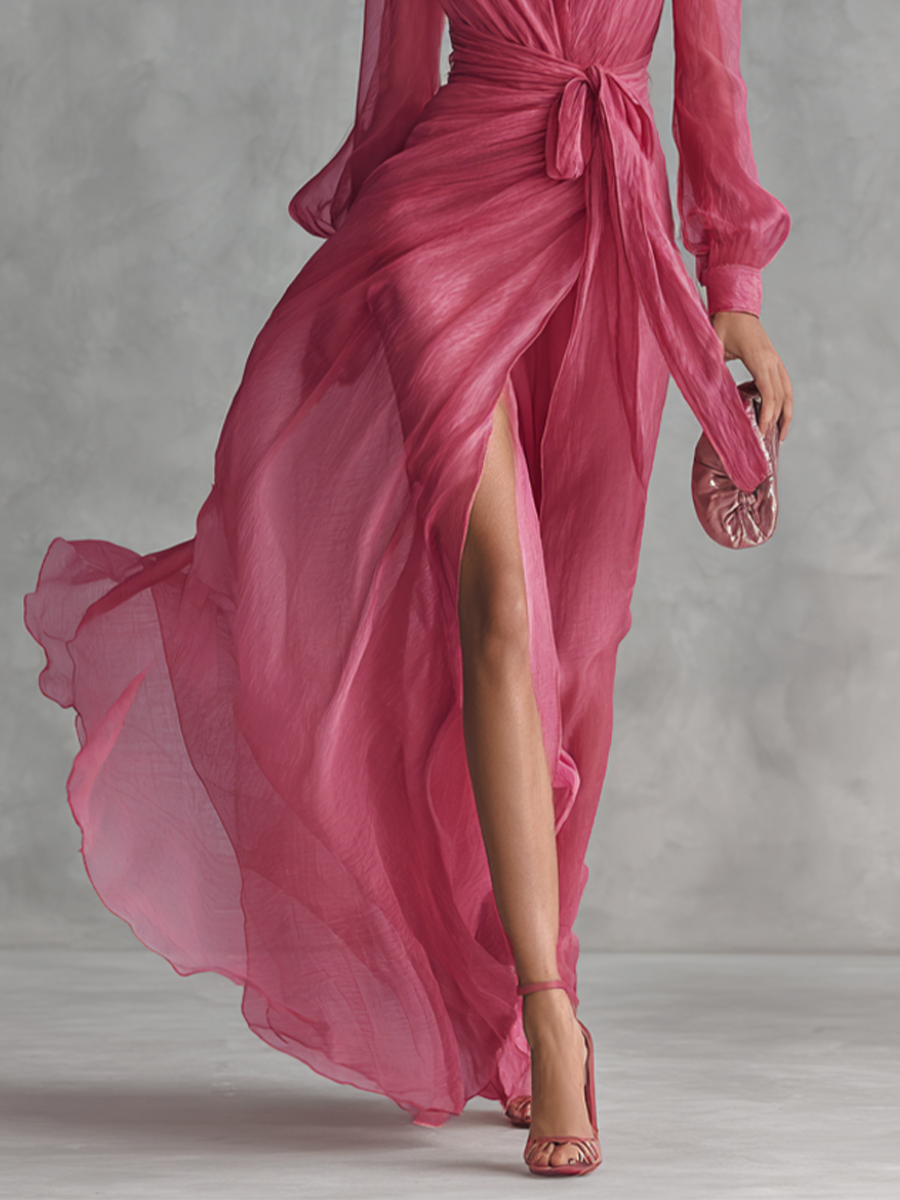 Rochie Chiffon Roz cu Decolteu în V
