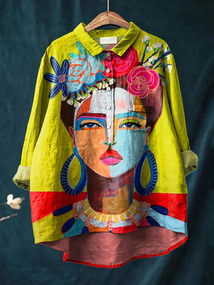 Jantárová | Pictură în ulei Fred Portret Artă Tricou Casual pentru Femei