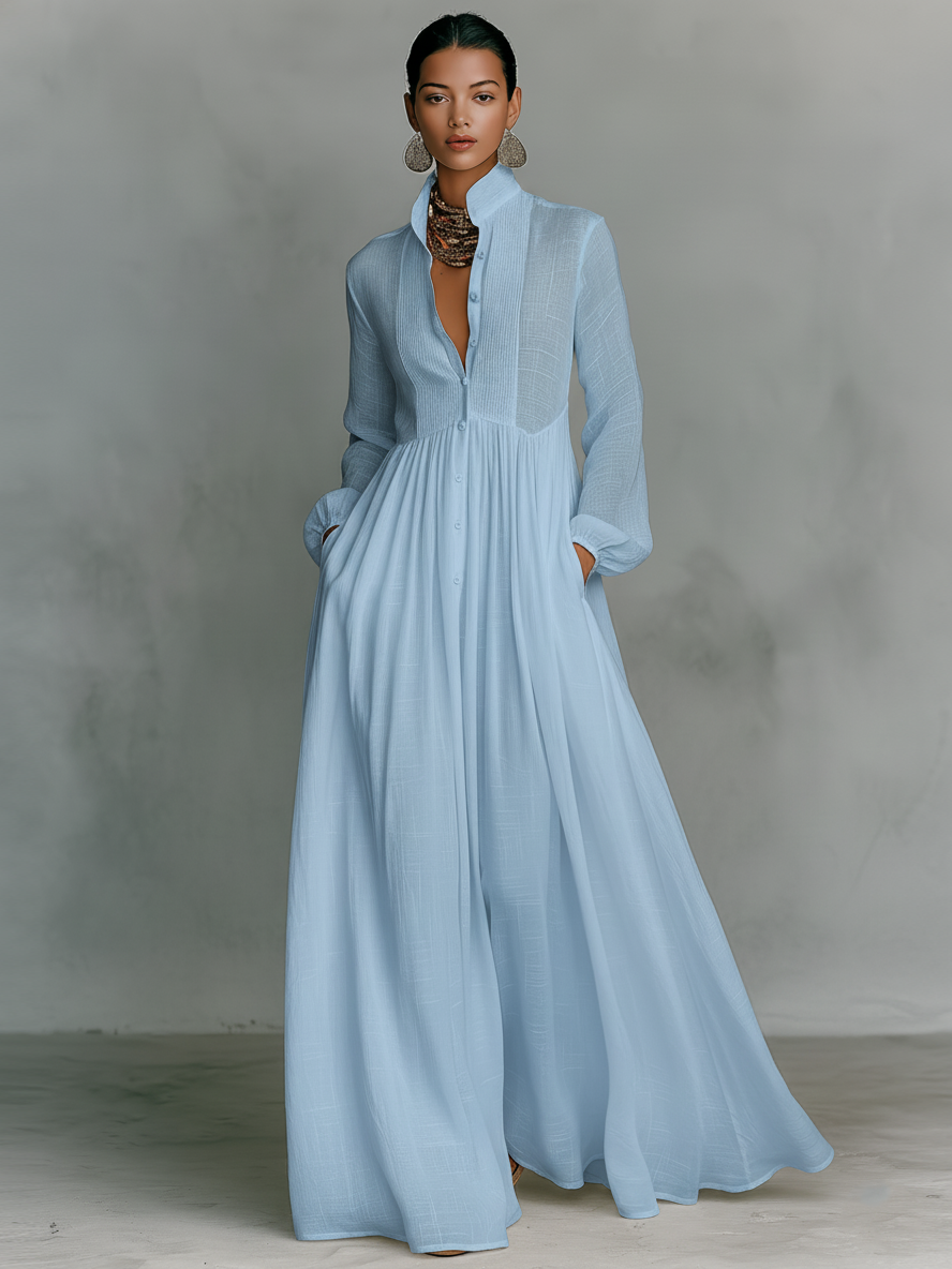 Rochie Maxi din In Patchwork cu Guler Înalt