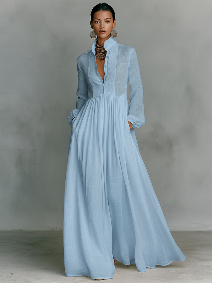 Rochie Maxi din In Patchwork cu Guler Înalt
