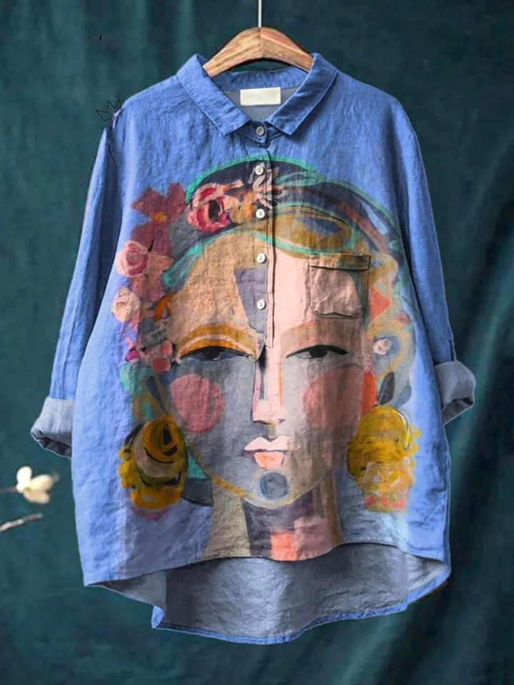 Jantárová | Pictură în ulei Fred Portret Artă Tricou Casual pentru Femei