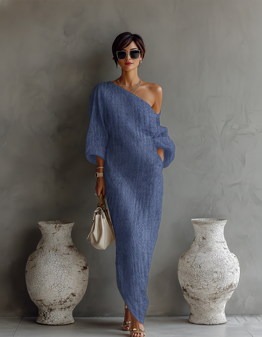 Rochie din in ivory cu umerii la vedere