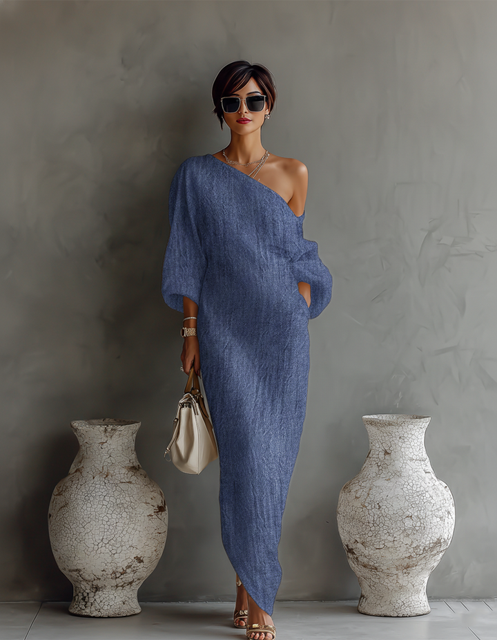 Rochie din in ivory cu umerii la vedere