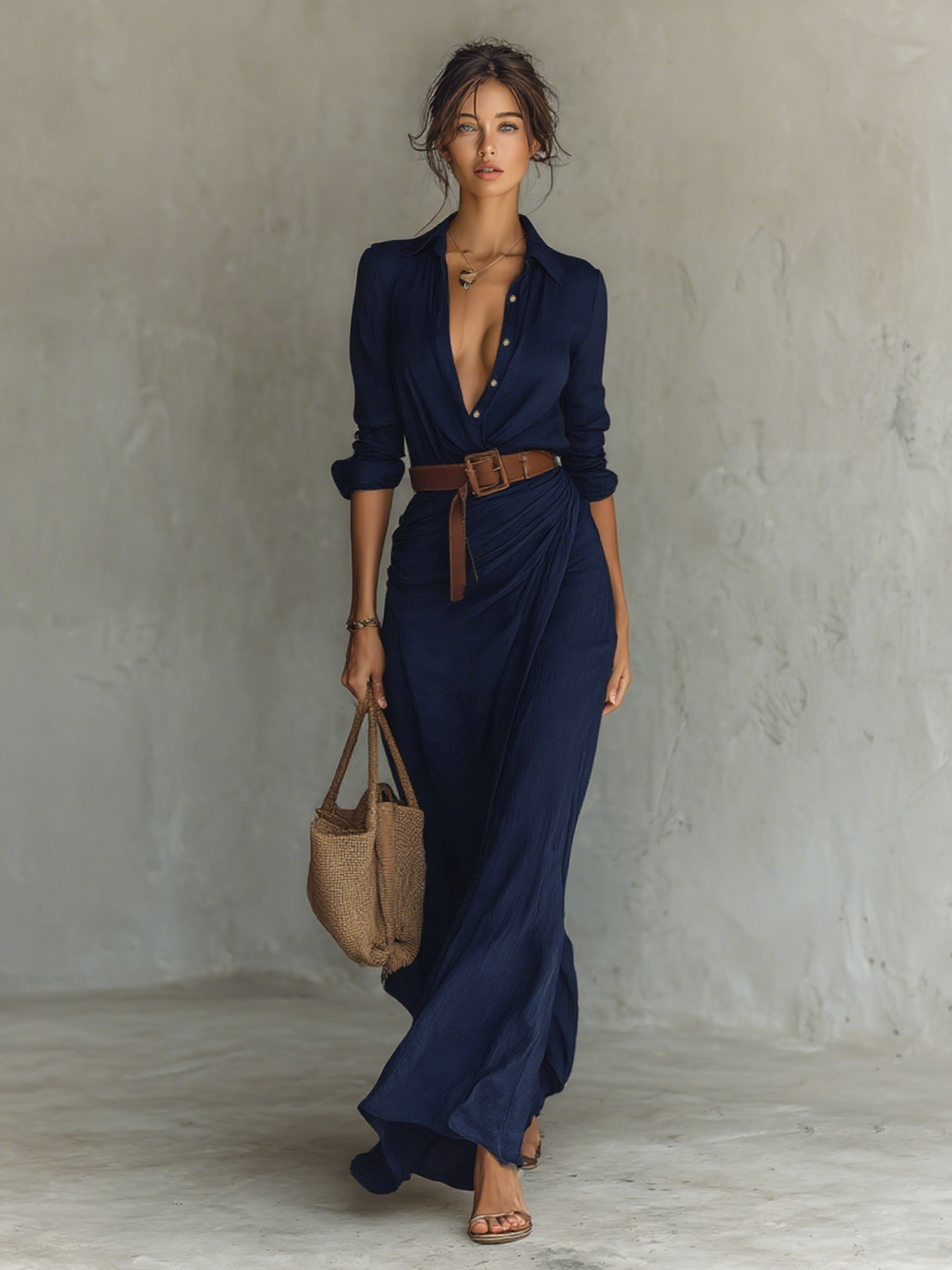 Rochie Maxi cu Guler Revers și Mâneci Lungi