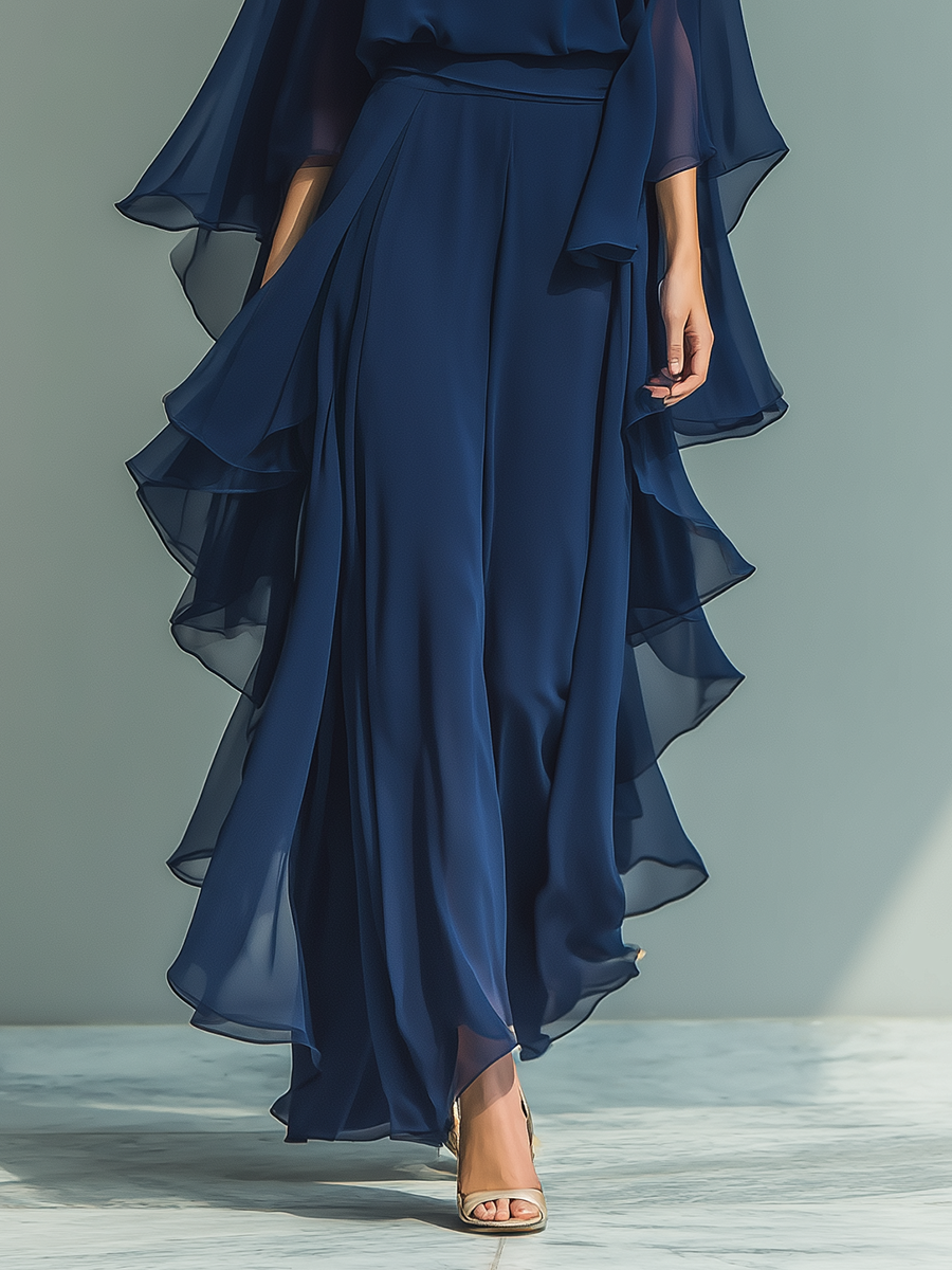Set din Chiffon Marineblau cu Volane
