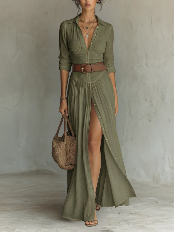 Rochie Maxi din In cu Guler Revers și Mâneci Lungi