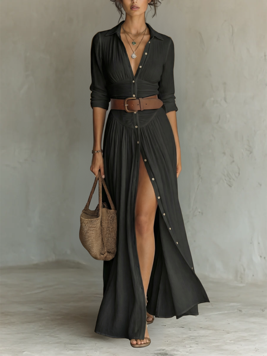 Rochie Maxi din In cu Guler Revers și Mâneci Lungi