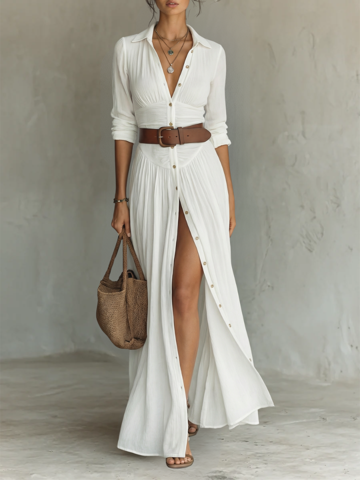 Rochie Maxi din in alb plisată