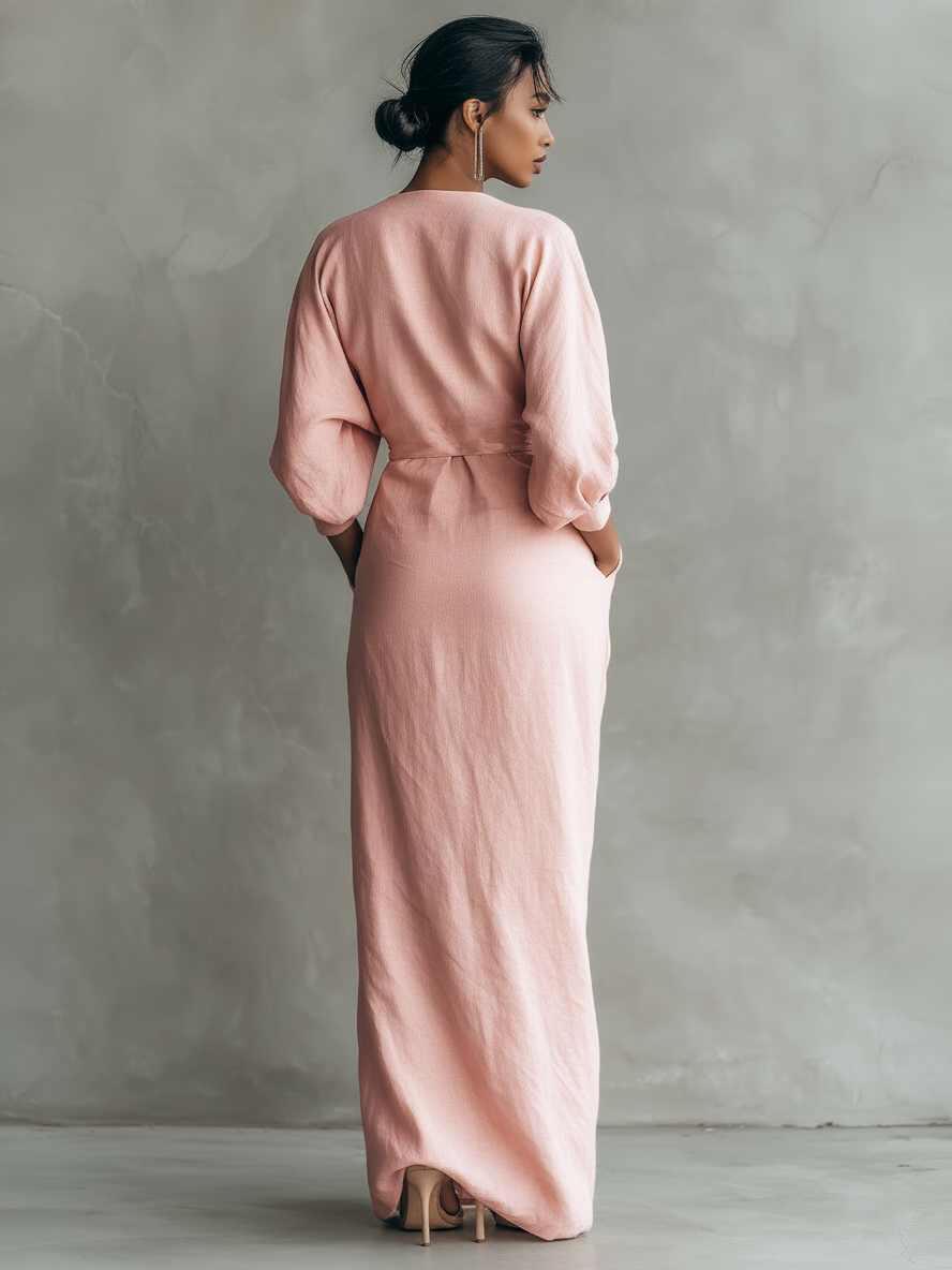 Rochie Maxi din In Roz cu Decolteu în V