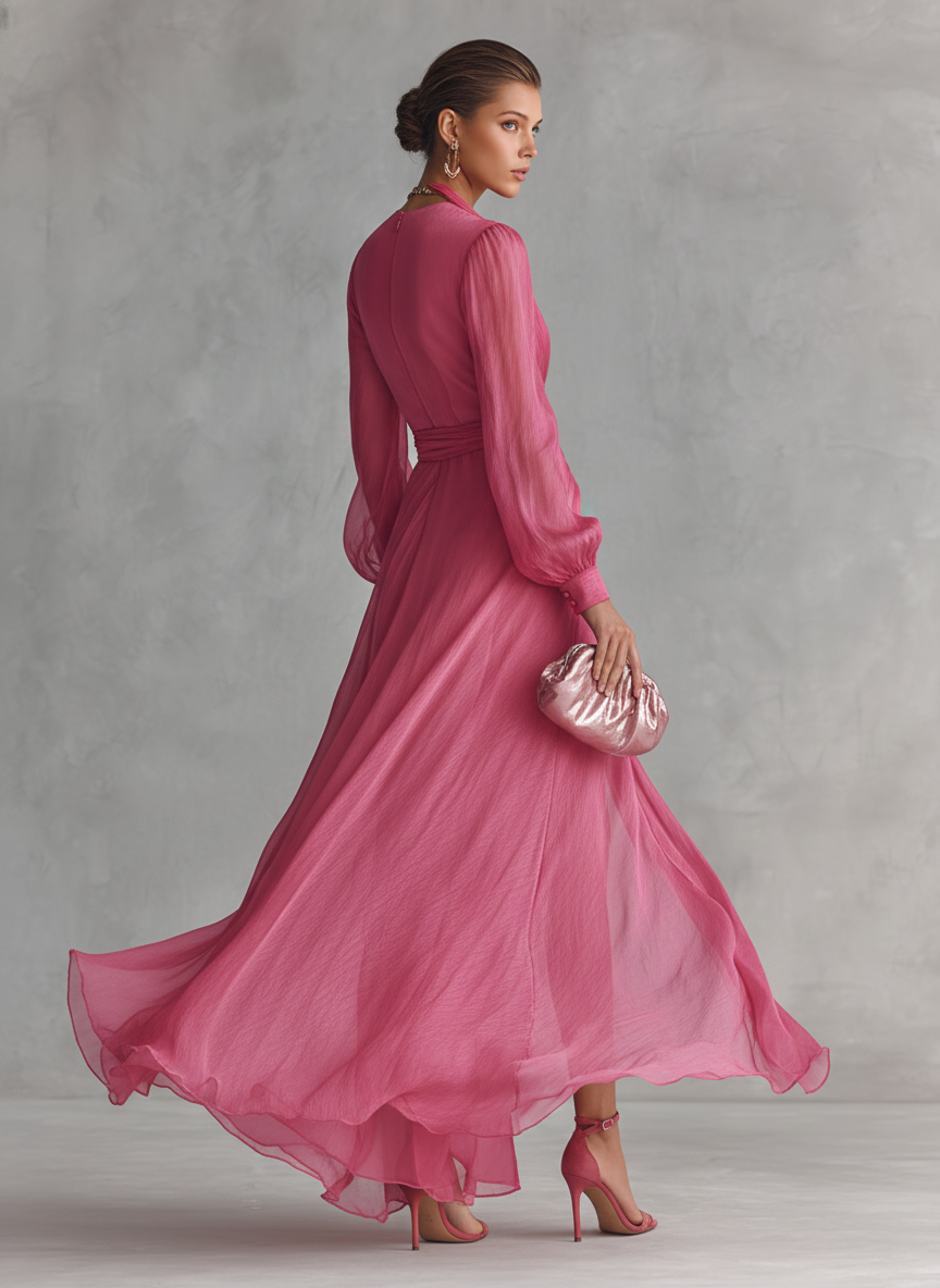 Rochie Chiffon Roz cu Decolteu în V