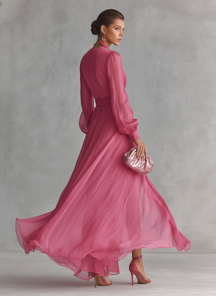 Rochie Chiffon Roz cu Decolteu în V
