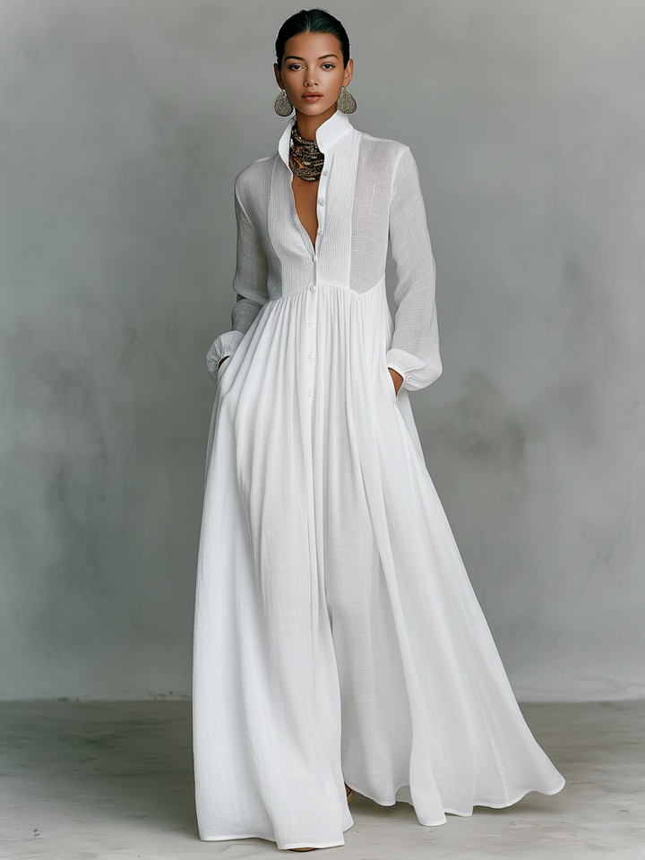 Rochie Maxi din In Patchwork cu Guler Înalt