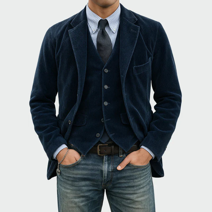 Arthur | Set Elegant Sacou + Vestă din Catifea în Dungi