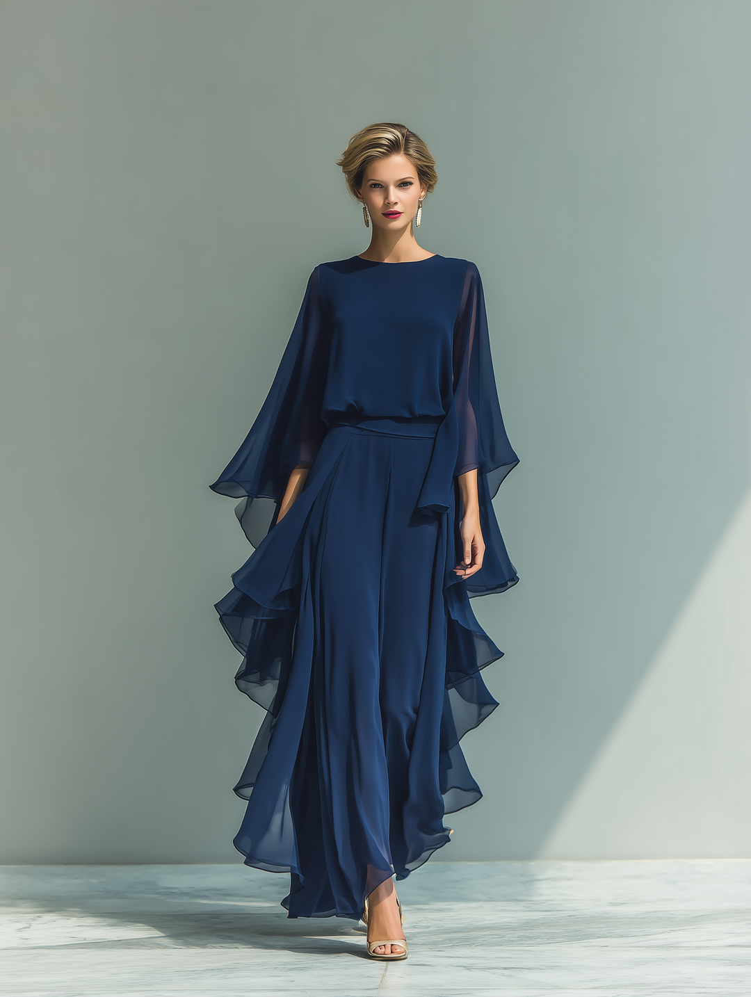 Set din Chiffon Marineblau cu Volane