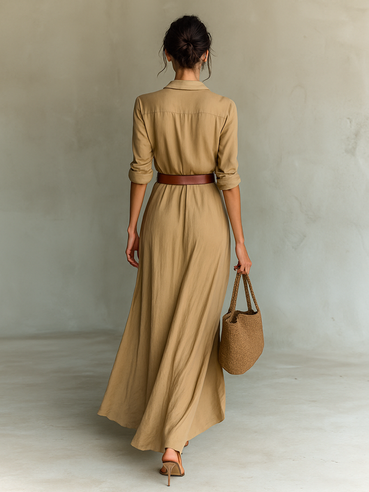 Rochie Maxi cu Guler Revers și Mâneci Lungi