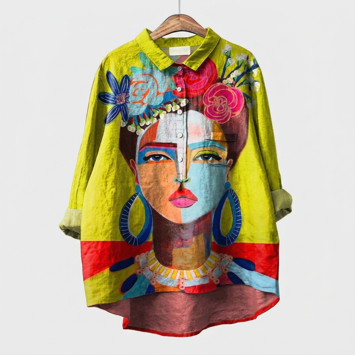 Jantárová | Pictură în ulei Fred Portret Artă Tricou Casual pentru Femei